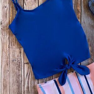 Blue Tankini Top w/ Knot Detail & Pastel Pink & Blue Stripe High Waisted Bottoms
